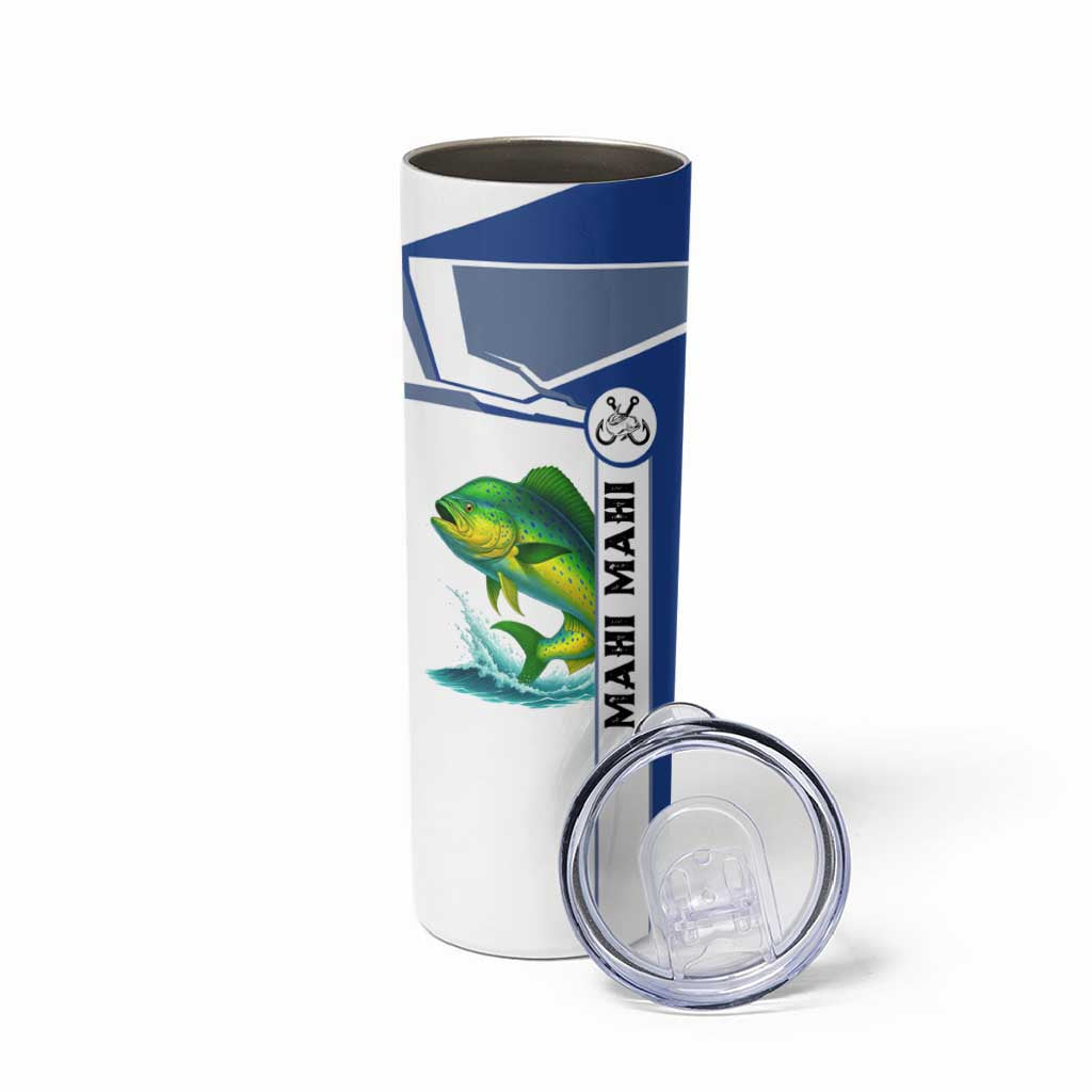 Mahi Mahi Fish Skinny Tumbler Nautical Anchors and Wave Splash on White and Blue Split Background - Wonder Print Shop