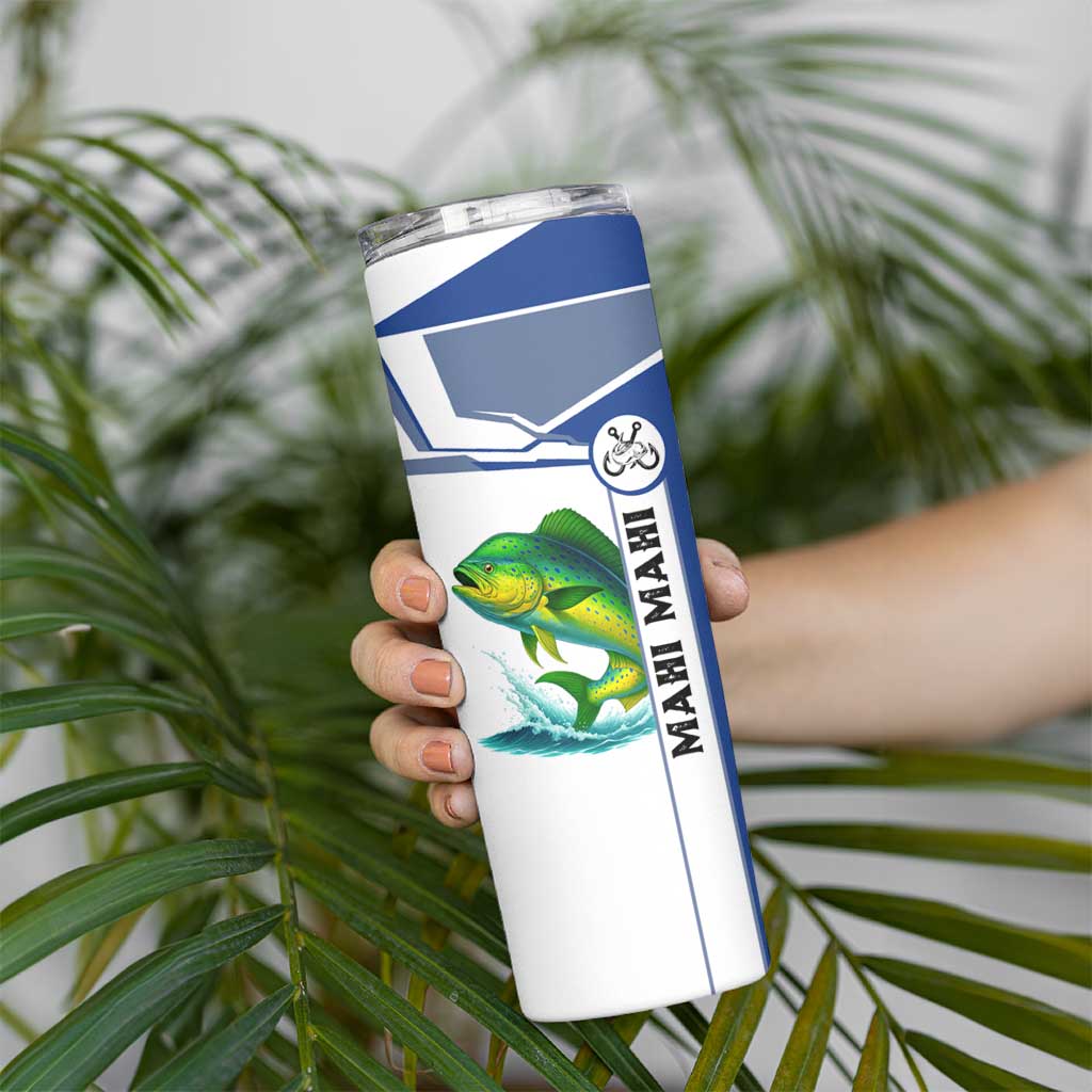 Mahi Mahi Fish Skinny Tumbler Nautical Anchors and Wave Splash on White and Blue Split Background - Wonder Print Shop