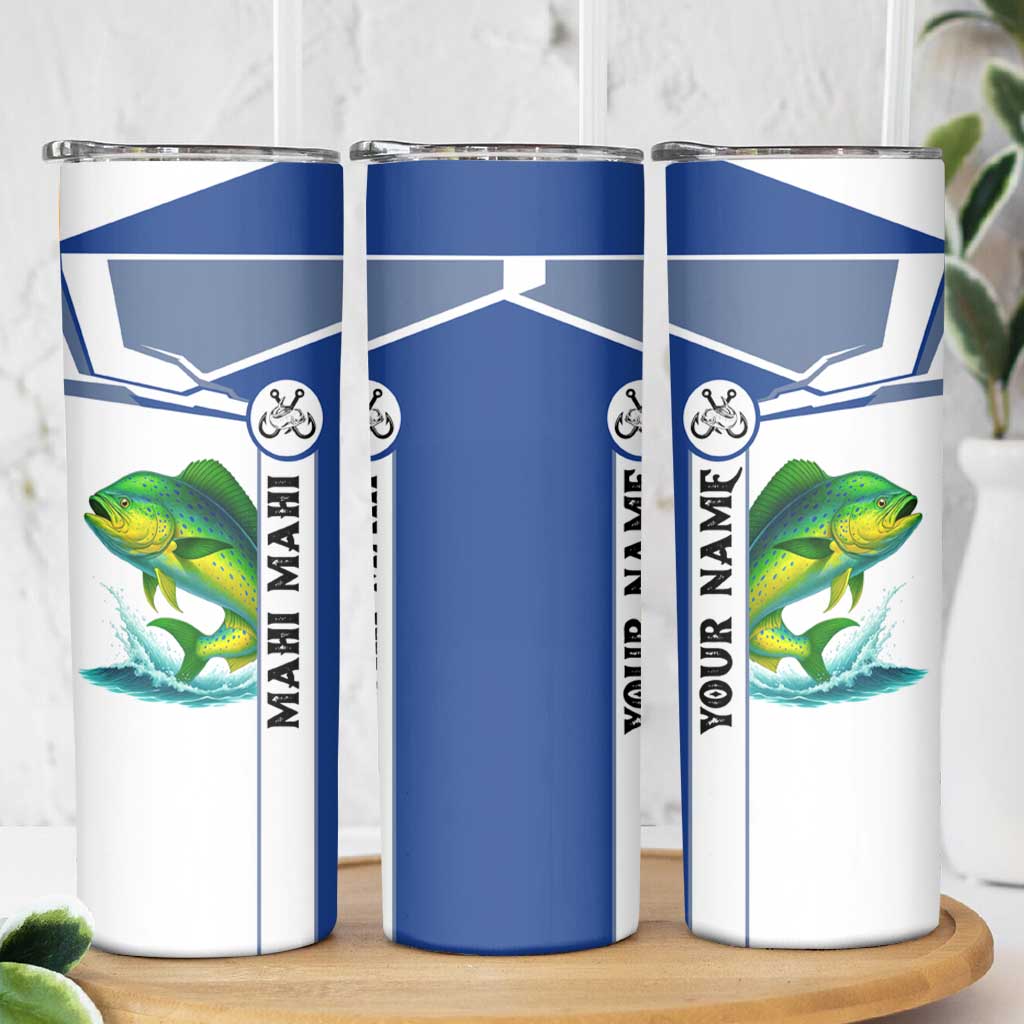 Mahi Mahi Fish Skinny Tumbler Nautical Anchors and Wave Splash on White and Blue Split Background - Wonder Print Shop