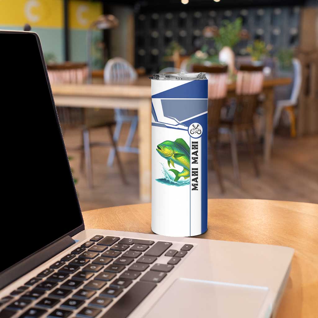 Mahi Mahi Fish Skinny Tumbler Nautical Anchors and Wave Splash on White and Blue Split Background - Wonder Print Shop