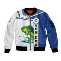 Mahi Mahi Fish Sleeve Zip Bomber Jacket Nautical Anchors and Wave Splash on White and Blue Split Background - Wonder Print Shop