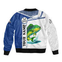 Mahi Mahi Fish Sleeve Zip Bomber Jacket Nautical Anchors and Wave Splash on White and Blue Split Background - Wonder Print Shop