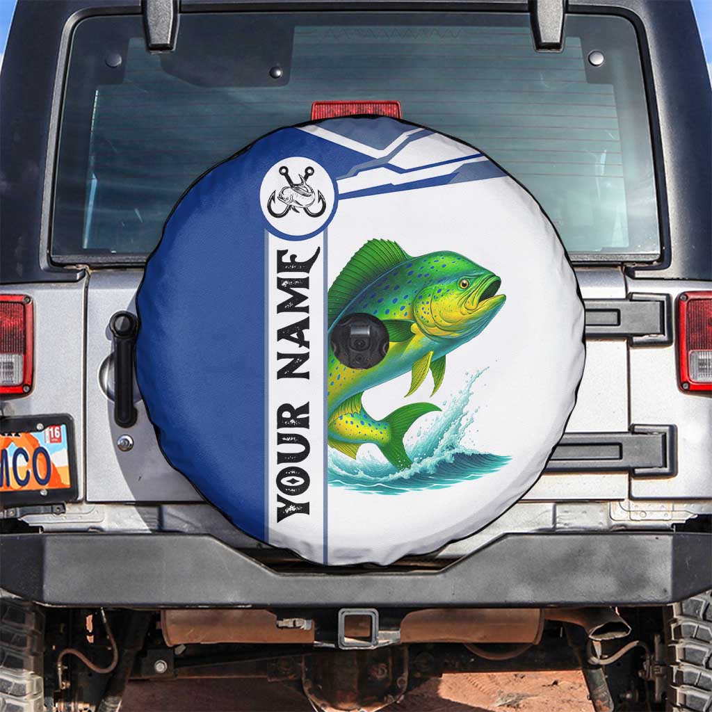 Mahi Mahi Fish Spare Tire Cover Nautical Anchors and Wave Splash on White and Blue Split Background - Wonder Print Shop