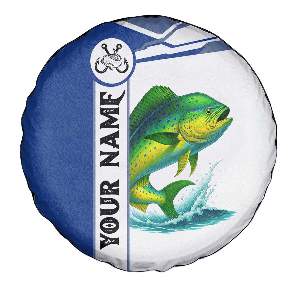 Mahi Mahi Fish Spare Tire Cover Nautical Anchors and Wave Splash on White and Blue Split Background - Wonder Print Shop