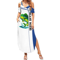 Mahi Mahi Fish Summer Maxi Dress Nautical Anchors and Wave Splash on White and Blue Split Background - Wonder Print Shop