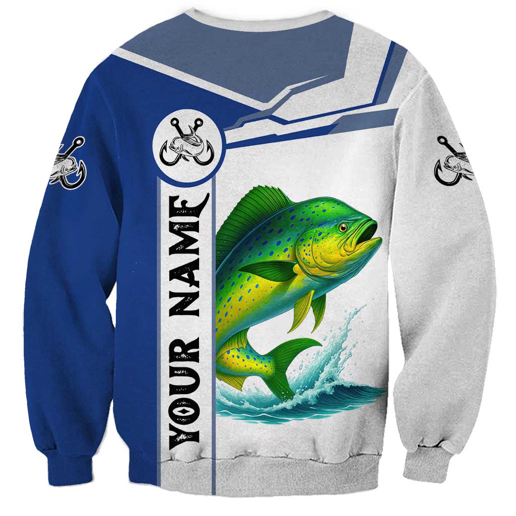 Mahi Mahi Fish Sweatshirt Nautical Anchors and Wave Splash on White and Blue Split Background - Wonder Print Shop