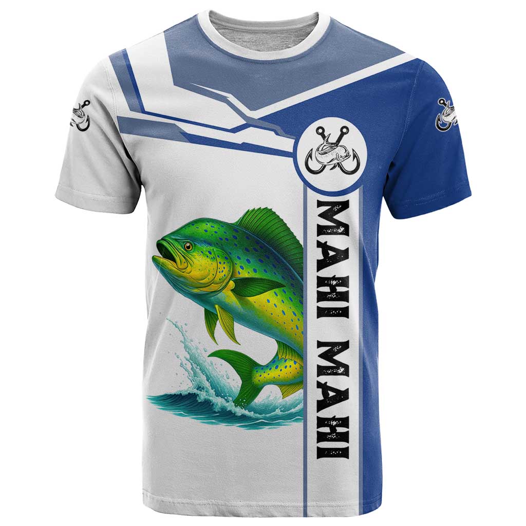 Mahi Mahi Fish T Shirt Nautical Anchors and Wave Splash on White and Blue Split Background - Wonder Print Shop