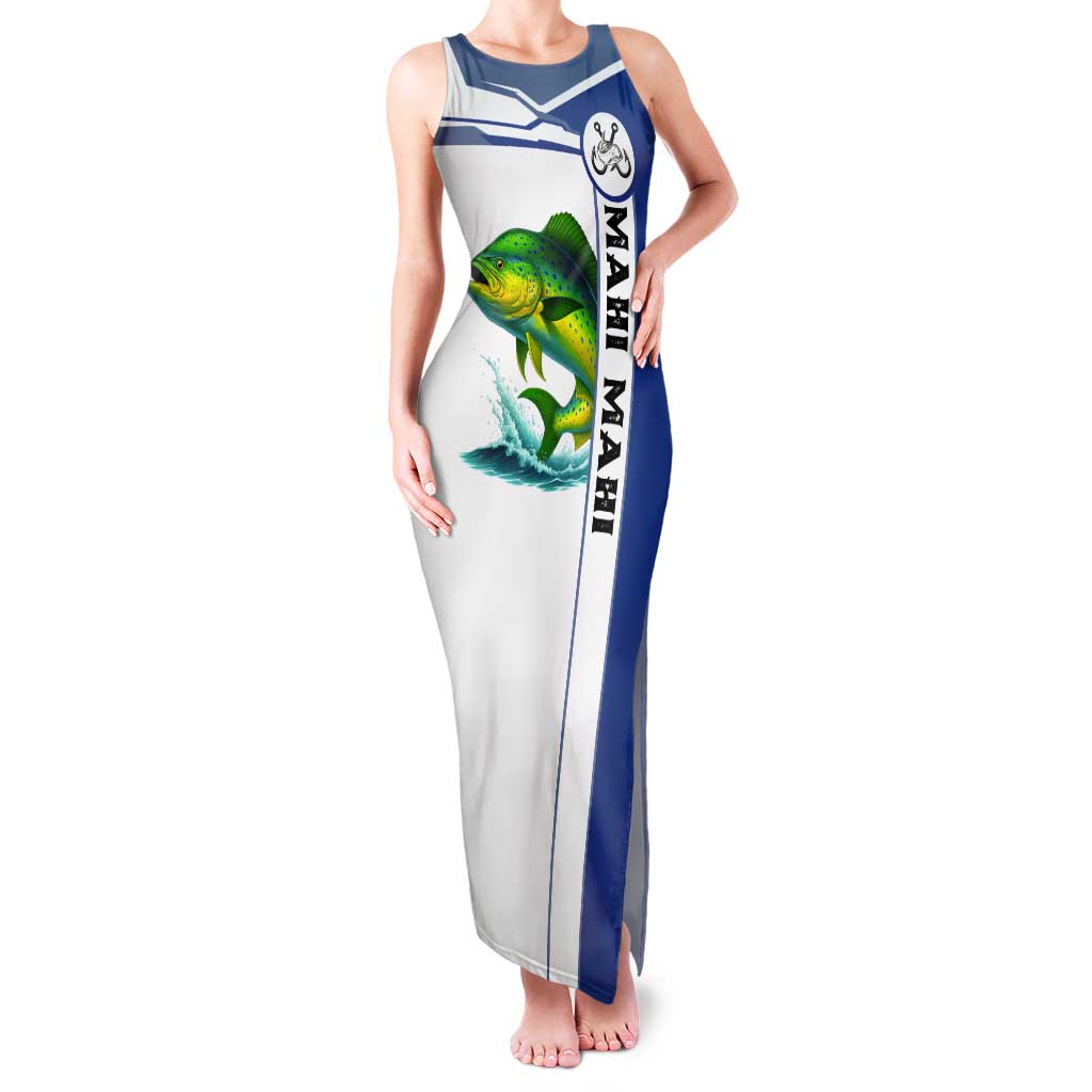 Mahi Mahi Fish Tank Maxi Dress Nautical Anchors and Wave Splash on White and Blue Split Background - Wonder Print Shop