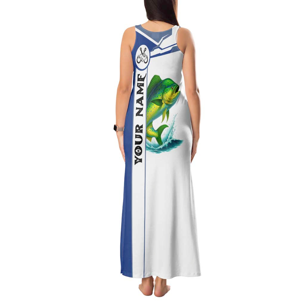 Mahi Mahi Fish Tank Maxi Dress Nautical Anchors and Wave Splash on White and Blue Split Background - Wonder Print Shop