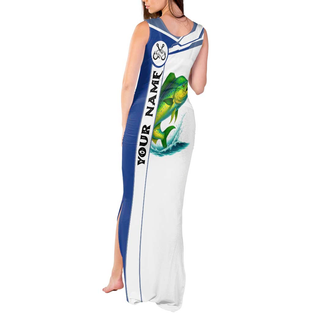 Mahi Mahi Fish Tank Maxi Dress Nautical Anchors and Wave Splash on White and Blue Split Background - Wonder Print Shop