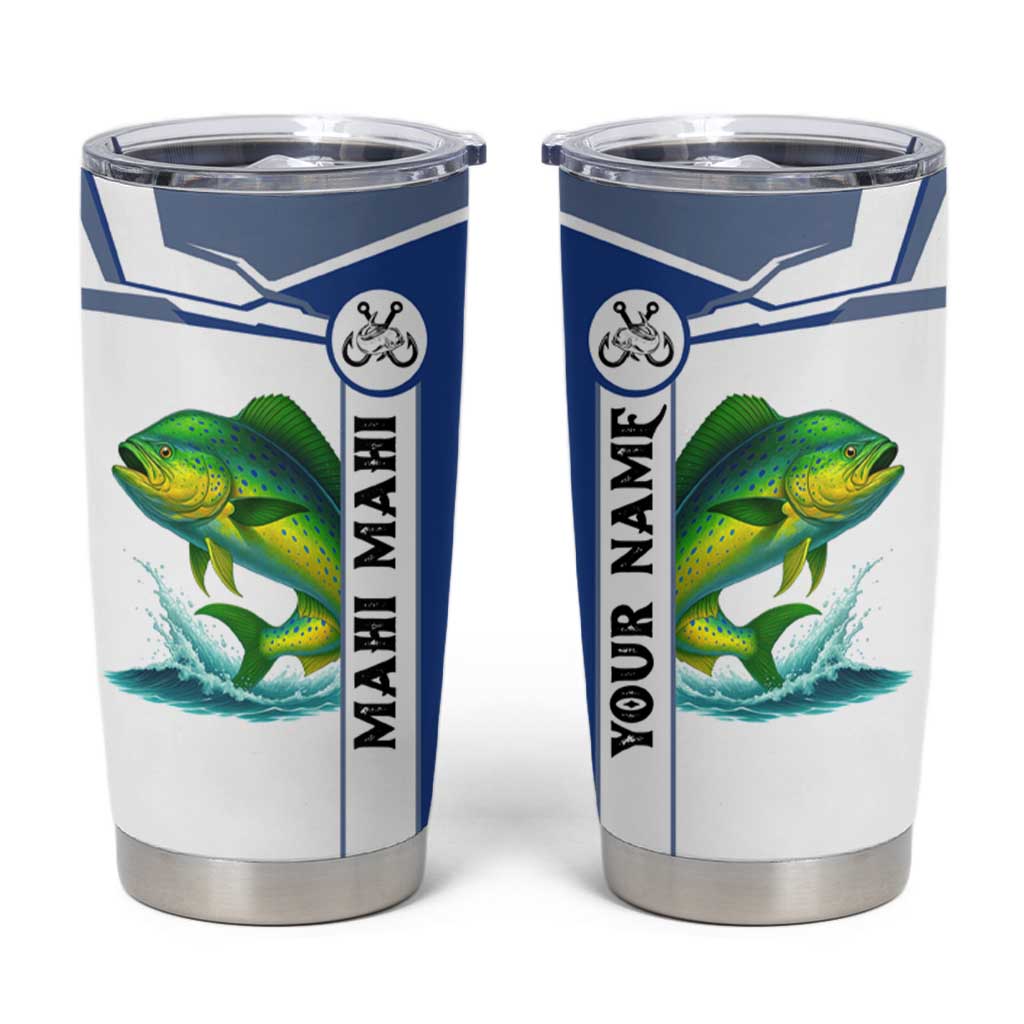 Mahi Mahi Fish Tumbler Cup Nautical Anchors and Wave Splash on White and Blue Split Background - Wonder Print Shop