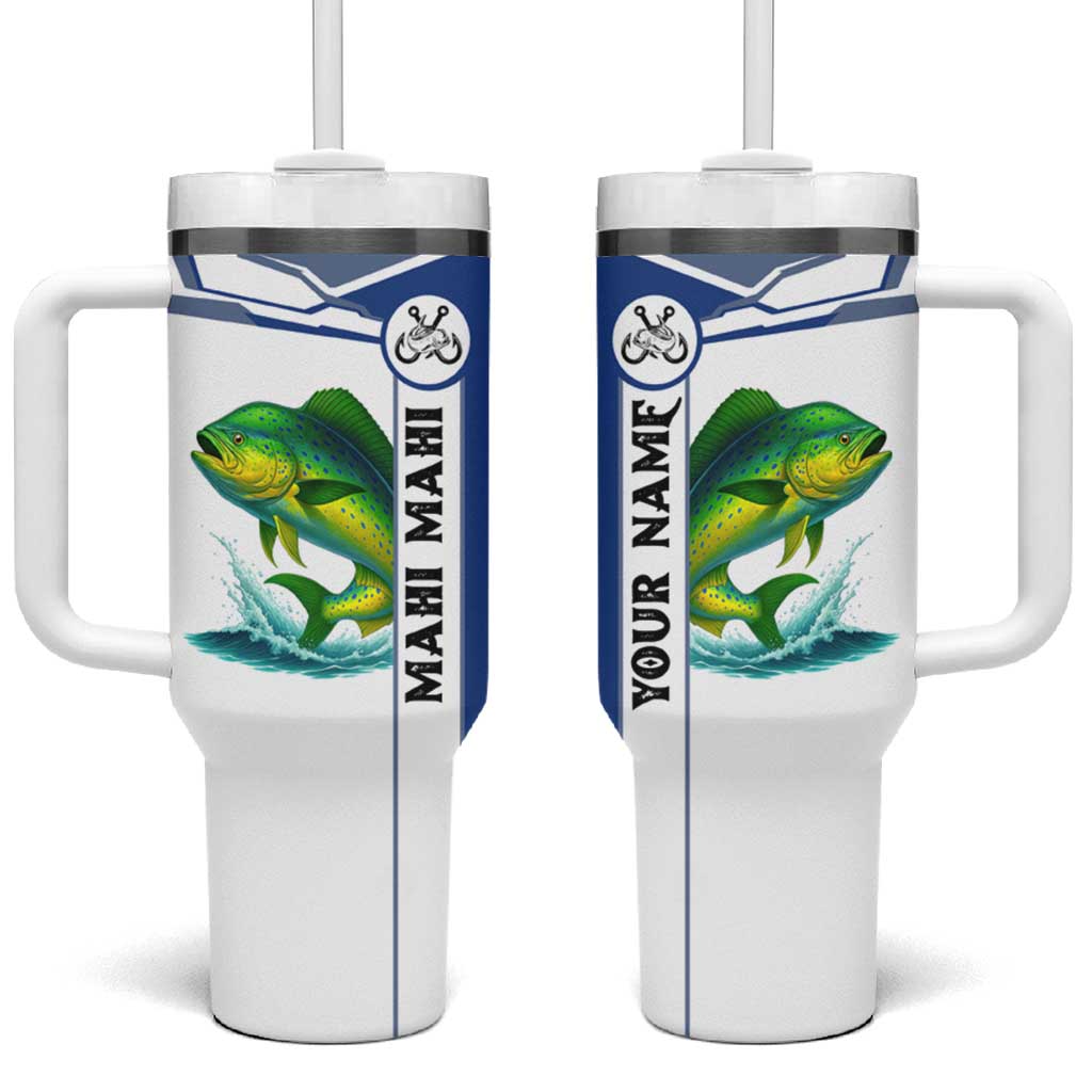 Mahi Mahi Fish Tumbler With Handle Nautical Anchors and Wave Splash on White and Blue Split Background - Wonder Print Shop