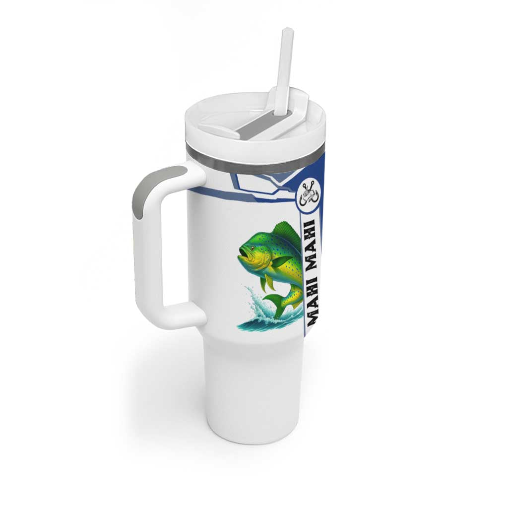 Mahi Mahi Fish Tumbler With Handle Nautical Anchors and Wave Splash on White and Blue Split Background - Wonder Print Shop