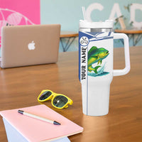 Mahi Mahi Fish Tumbler With Handle Nautical Anchors and Wave Splash on White and Blue Split Background - Wonder Print Shop