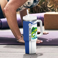 Mahi Mahi Fish Tumbler With Handle Nautical Anchors and Wave Splash on White and Blue Split Background - Wonder Print Shop