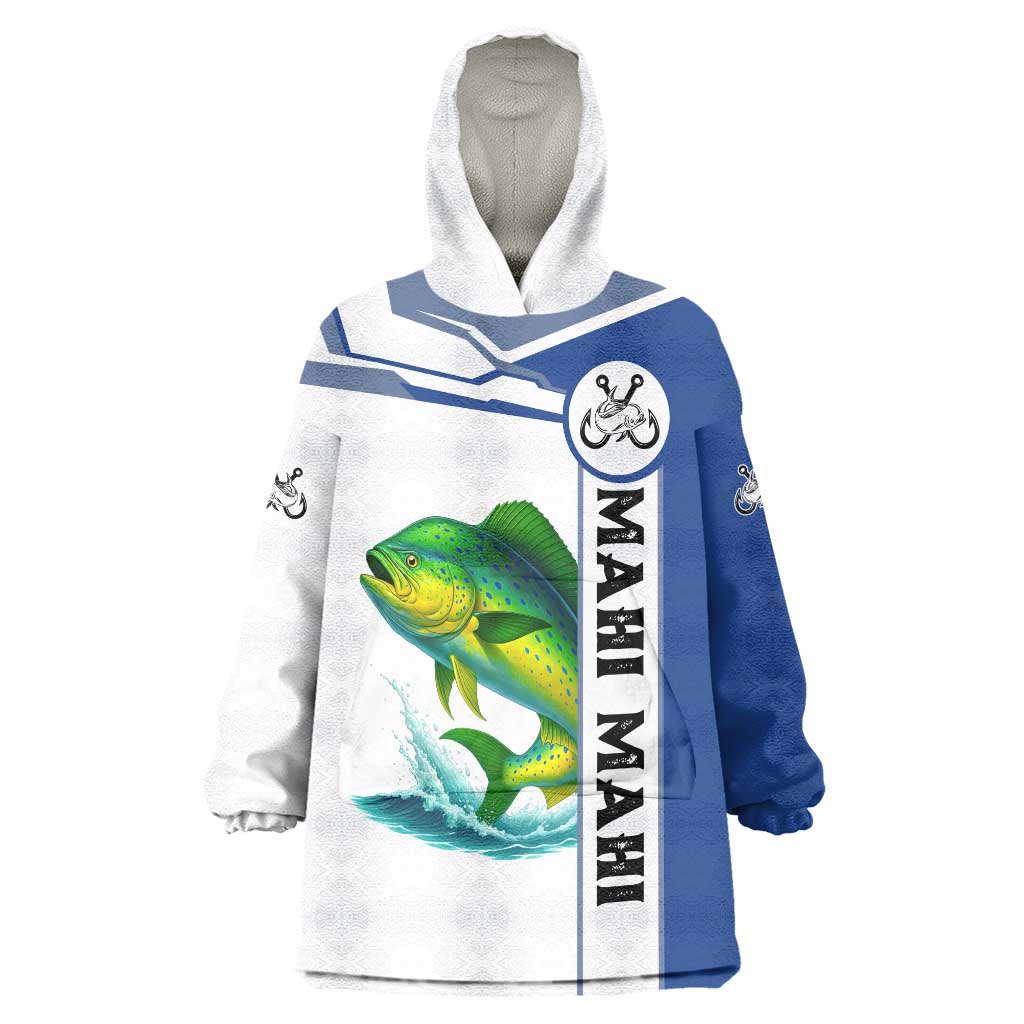 Mahi Mahi Fish Wearable Blanket Hoodie Nautical Anchors and Wave Splash on White and Blue Split Background - Wonder Print Shop