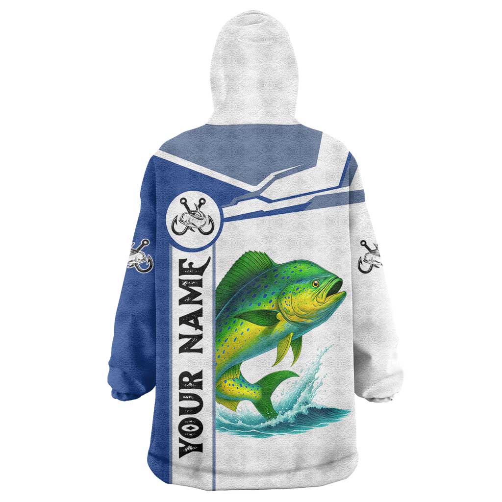 Mahi Mahi Fish Wearable Blanket Hoodie Nautical Anchors and Wave Splash on White and Blue Split Background - Wonder Print Shop