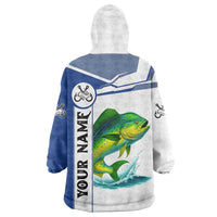 Mahi Mahi Fish Wearable Blanket Hoodie Nautical Anchors and Wave Splash on White and Blue Split Background - Wonder Print Shop