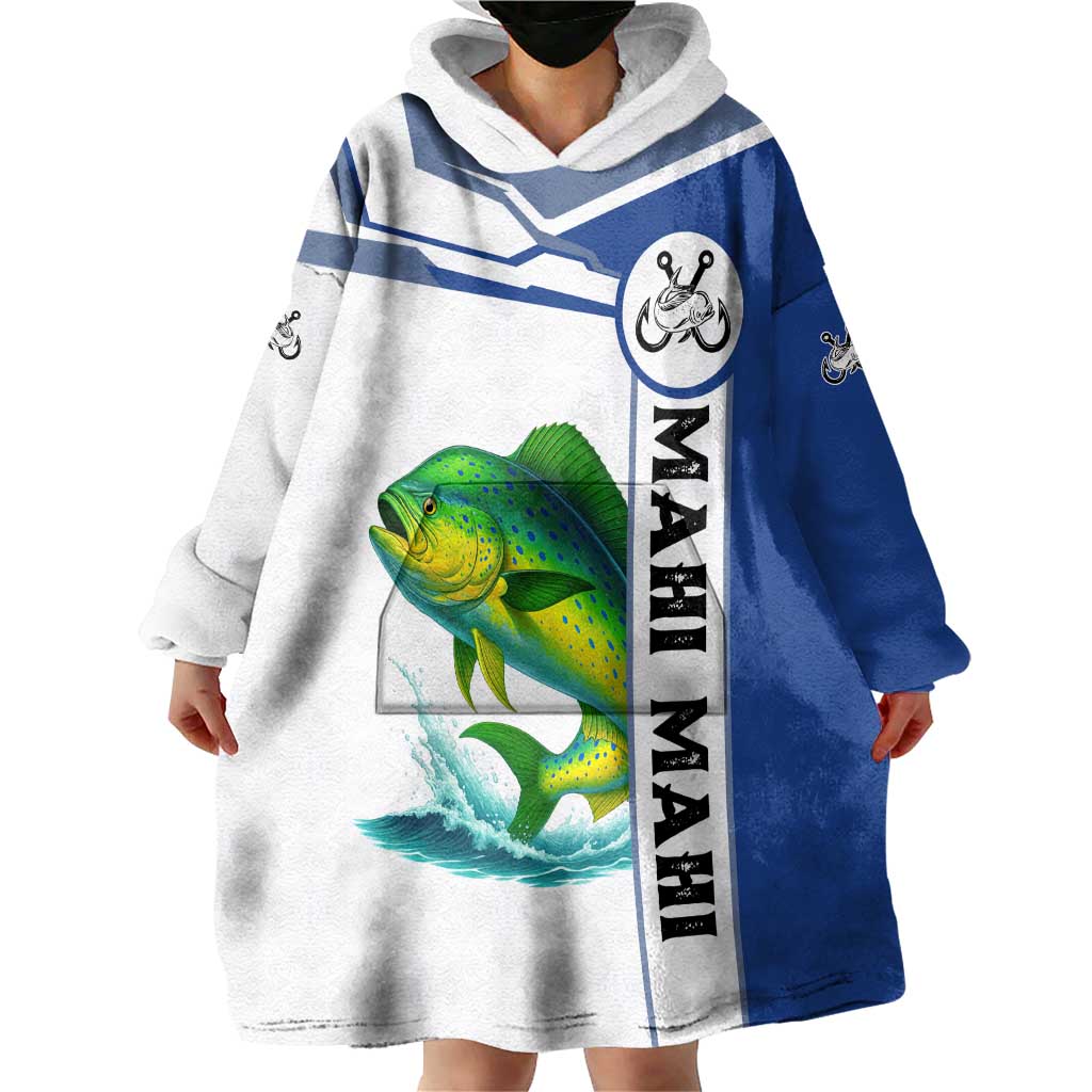 Mahi Mahi Fish Wearable Blanket Hoodie Nautical Anchors and Wave Splash on White and Blue Split Background - Wonder Print Shop