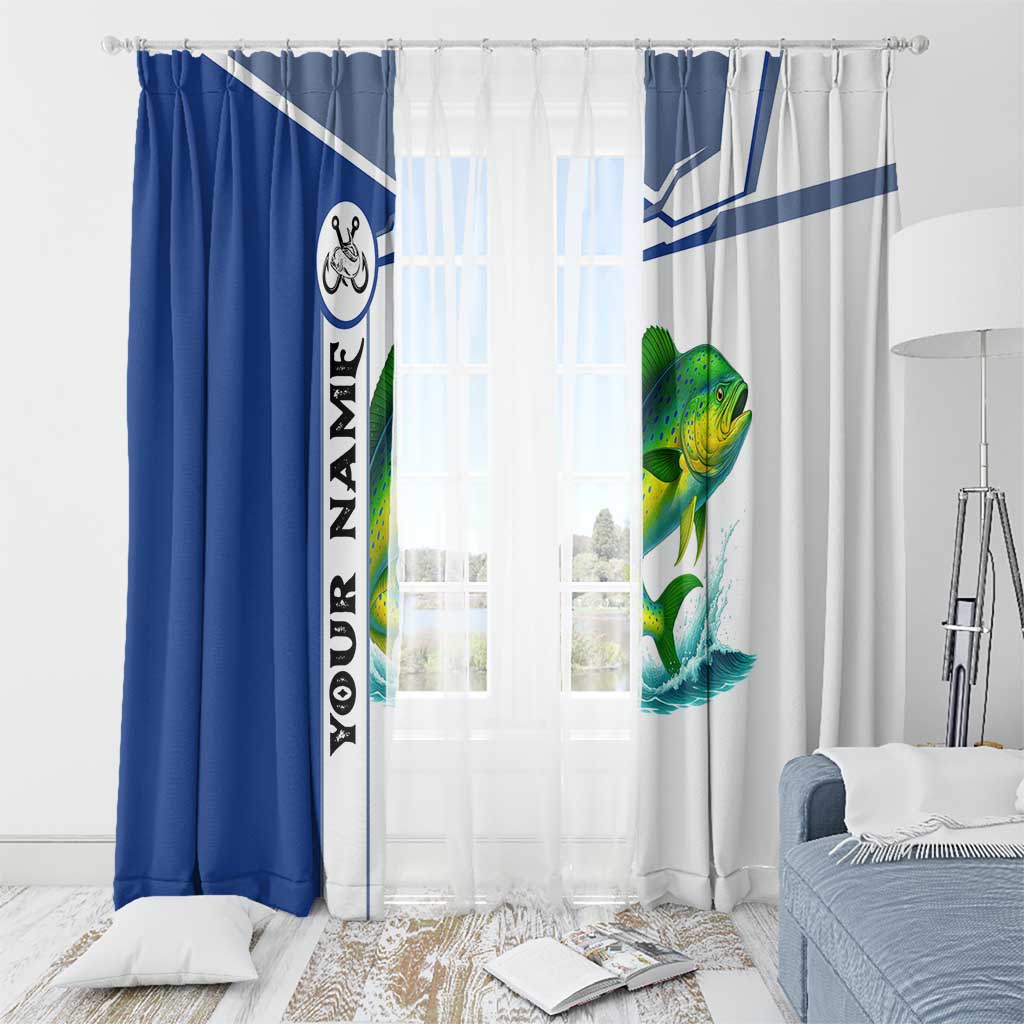 Mahi Mahi Fish Window Curtain Nautical Anchors and Wave Splash on White and Blue Split Background - Wonder Print Shop