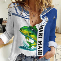 Mahi Mahi Fish Women Casual Shirt Nautical Anchors and Wave Splash on White and Blue Split Background - Wonder Print Shop