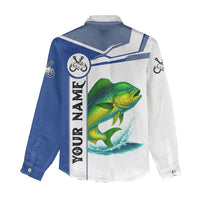 Mahi Mahi Fish Women Casual Shirt Nautical Anchors and Wave Splash on White and Blue Split Background - Wonder Print Shop