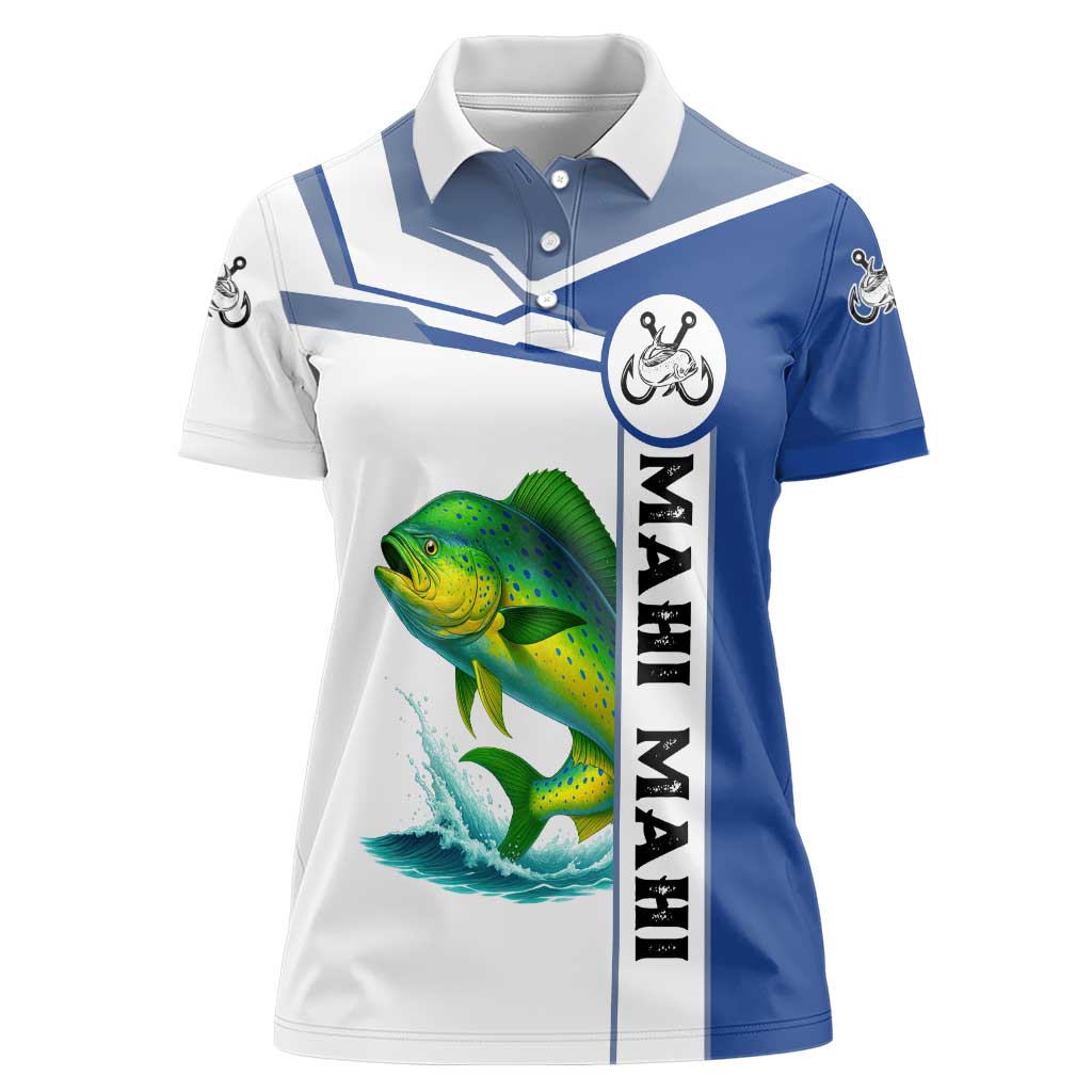 Mahi Mahi Fish Women Polo Shirt Nautical Anchors and Wave Splash on White and Blue Split Background - Wonder Print Shop