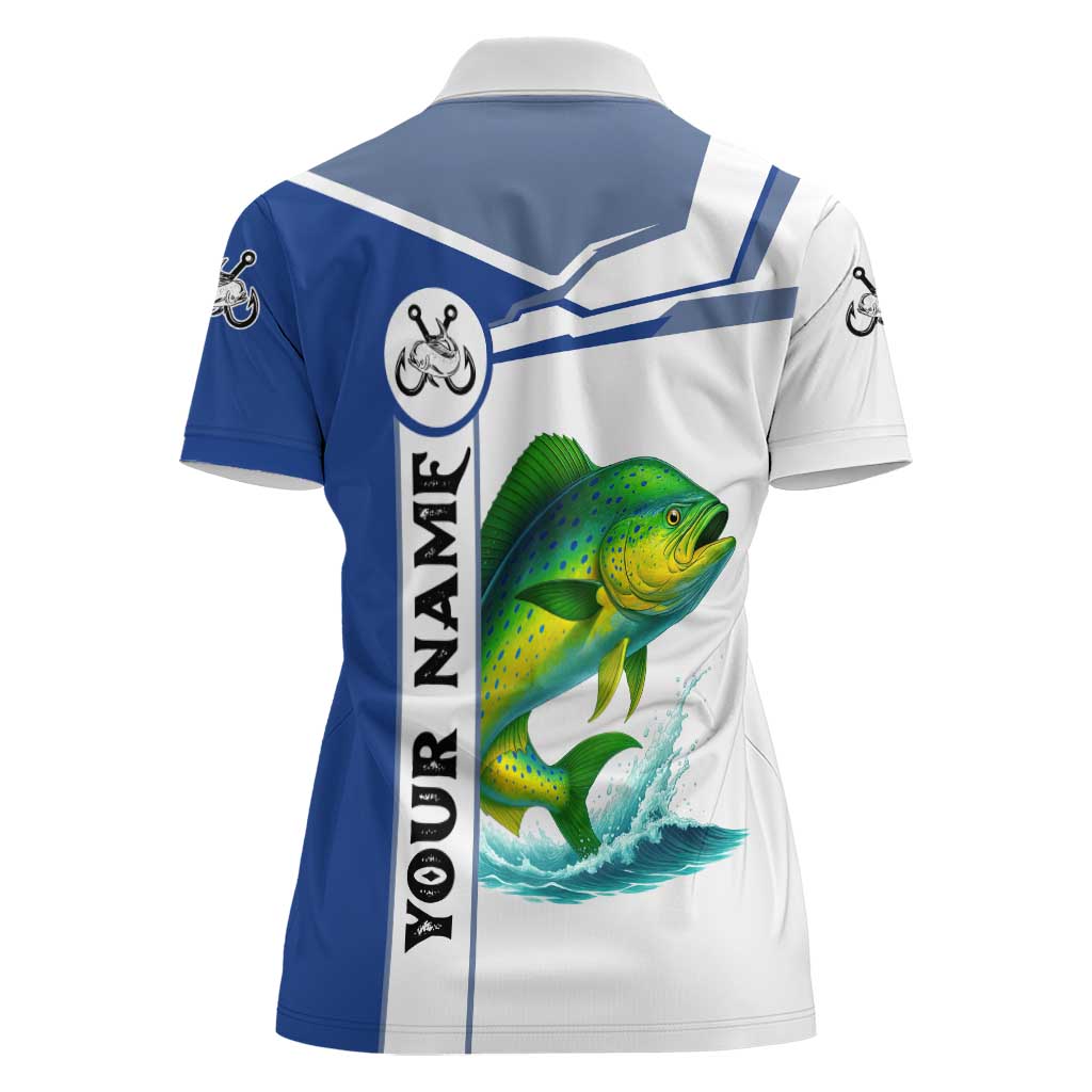 Mahi Mahi Fish Women Polo Shirt Nautical Anchors and Wave Splash on White and Blue Split Background - Wonder Print Shop