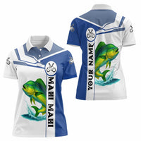 Mahi Mahi Fish Women Polo Shirt Nautical Anchors and Wave Splash on White and Blue Split Background - Wonder Print Shop