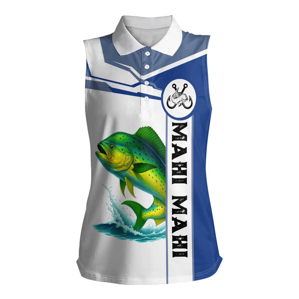 Mahi Mahi Fish Women Sleeveless Polo Shirt Nautical Anchors and Wave Splash on White and Blue Split Background - Wonder Print Shop