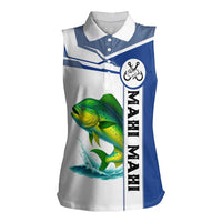 Mahi Mahi Fish Women Sleeveless Polo Shirt Nautical Anchors and Wave Splash on White and Blue Split Background - Wonder Print Shop