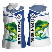 Mahi Mahi Fish Women Sleeveless Polo Shirt Nautical Anchors and Wave Splash on White and Blue Split Background - Wonder Print Shop