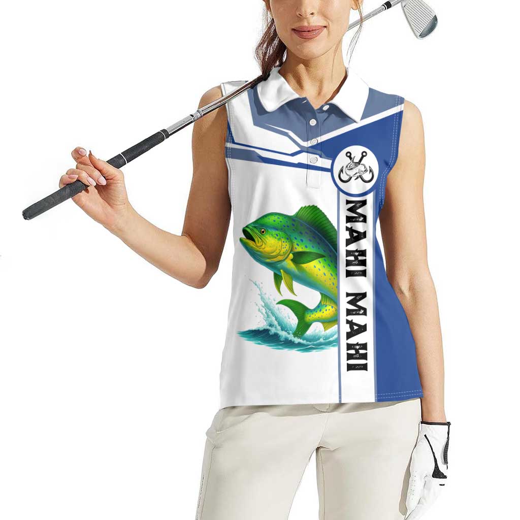 Mahi Mahi Fish Women Sleeveless Polo Shirt Nautical Anchors and Wave Splash on White and Blue Split Background - Wonder Print Shop