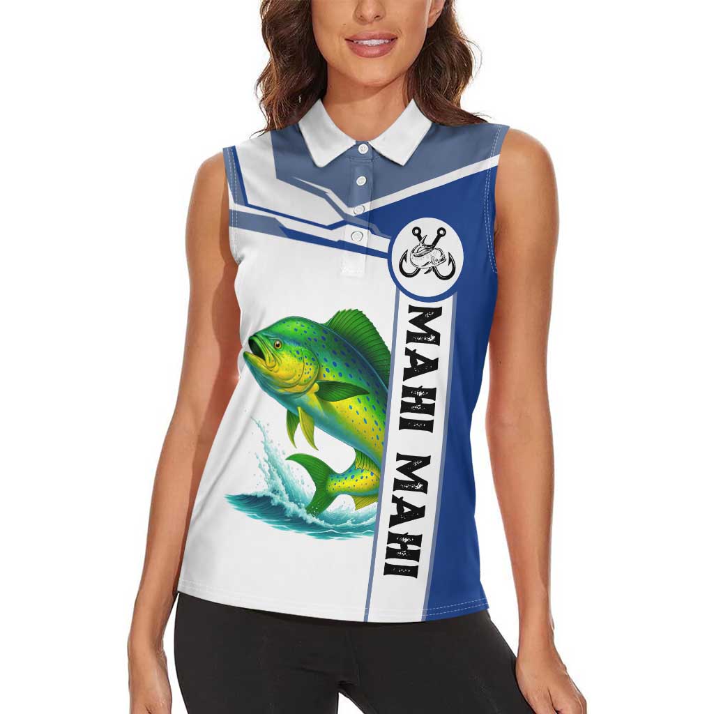 Mahi Mahi Fish Women Sleeveless Polo Shirt Nautical Anchors and Wave Splash on White and Blue Split Background - Wonder Print Shop
