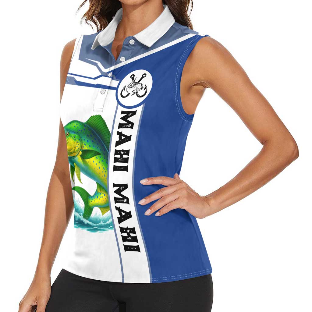 Mahi Mahi Fish Women Sleeveless Polo Shirt Nautical Anchors and Wave Splash on White and Blue Split Background - Wonder Print Shop