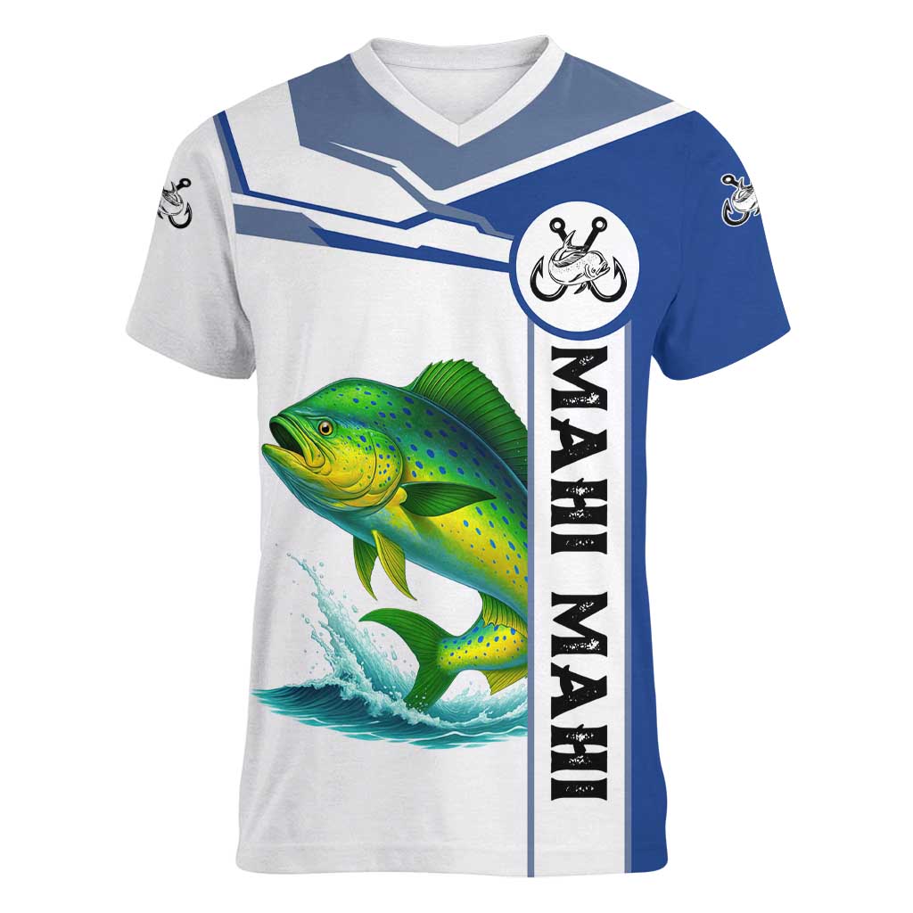 Mahi Mahi Fish Women V-Neck T-Shirt Nautical Anchors and Wave Splash on White and Blue Split Background - Wonder Print Shop
