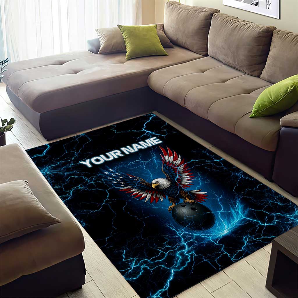 Lightning Bowling Area Rug Electric Blue Ball and American Eagle Graphic on Stormy Black Background - Wonder Print Shop
