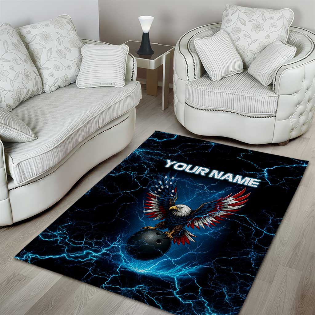 Lightning Bowling Area Rug Electric Blue Ball and American Eagle Graphic on Stormy Black Background - Wonder Print Shop