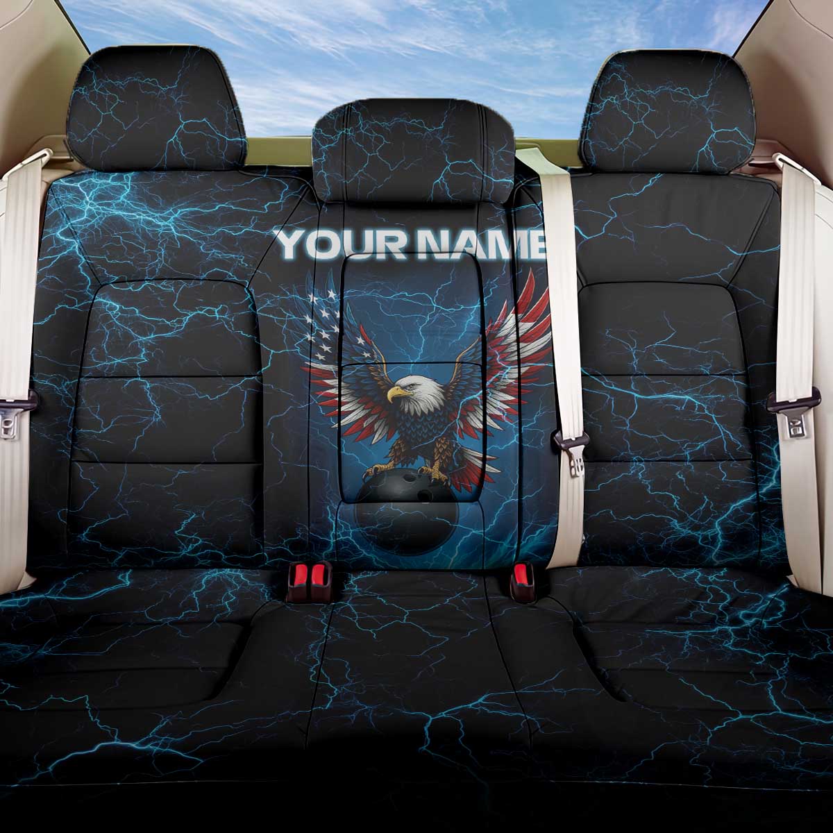 Lightning Bowling Back Car Seat Cover Electric Blue Ball and American Eagle Graphic on Stormy Black Background - Wonder Print Shop