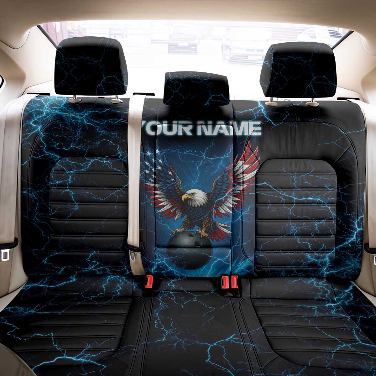 Lightning Bowling Back Car Seat Cover Electric Blue Ball and American Eagle Graphic on Stormy Black Background - Wonder Print Shop
