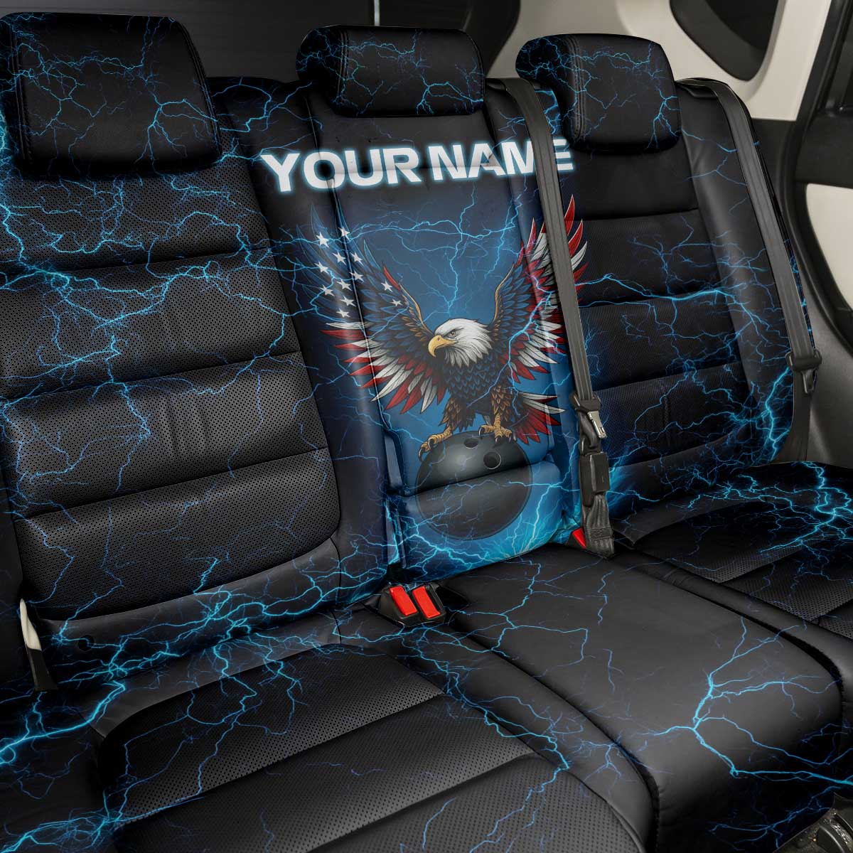 Lightning Bowling Back Car Seat Cover Electric Blue Ball and American Eagle Graphic on Stormy Black Background - Wonder Print Shop