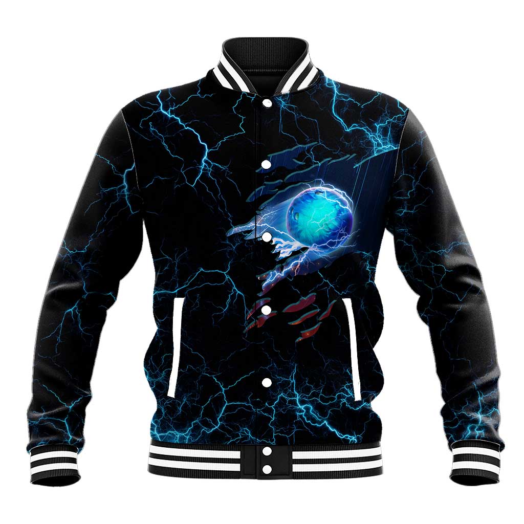 Lightning Bowling Baseball Jacket Electric Blue Ball and American Eagle Graphic on Stormy Black Background - Wonder Print Shop