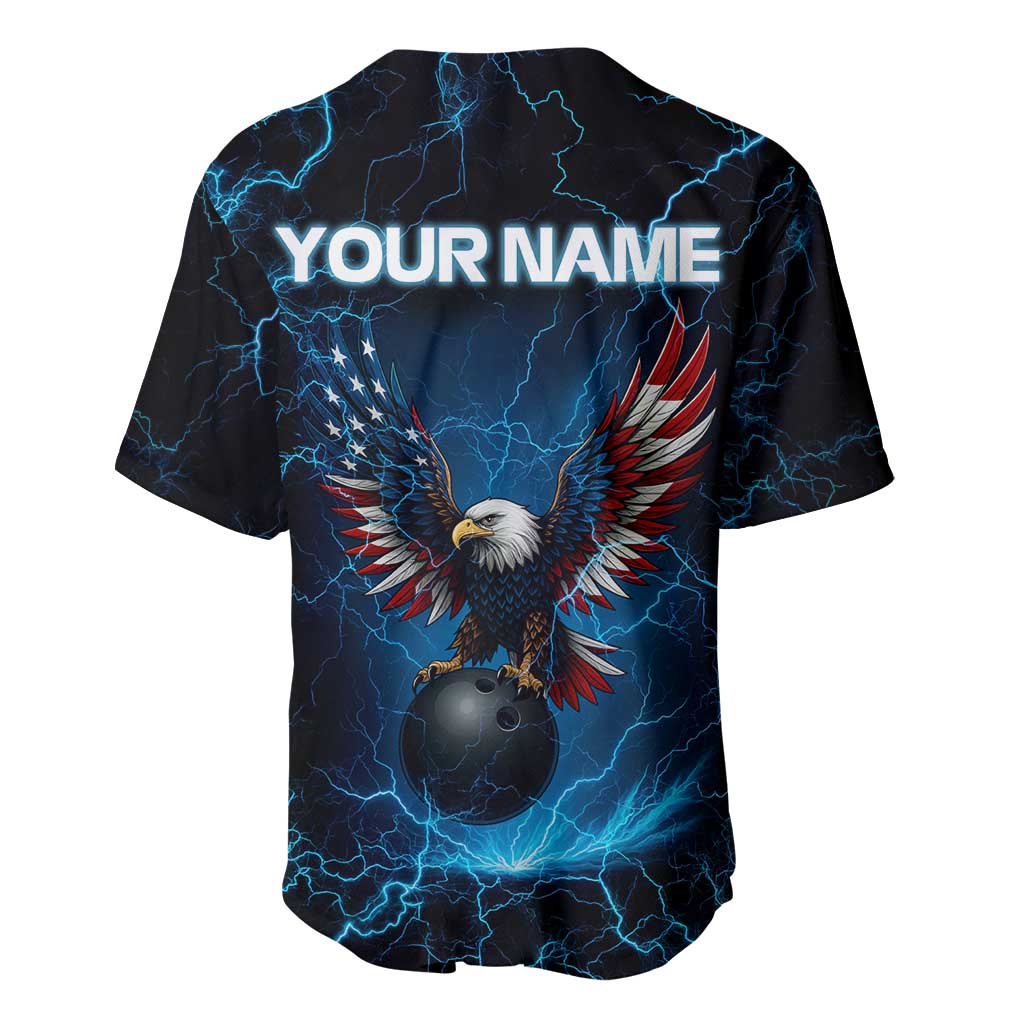 Lightning Bowling Baseball Jersey Electric Blue Ball and American Eagle Graphic on Stormy Black Background - Wonder Print Shop