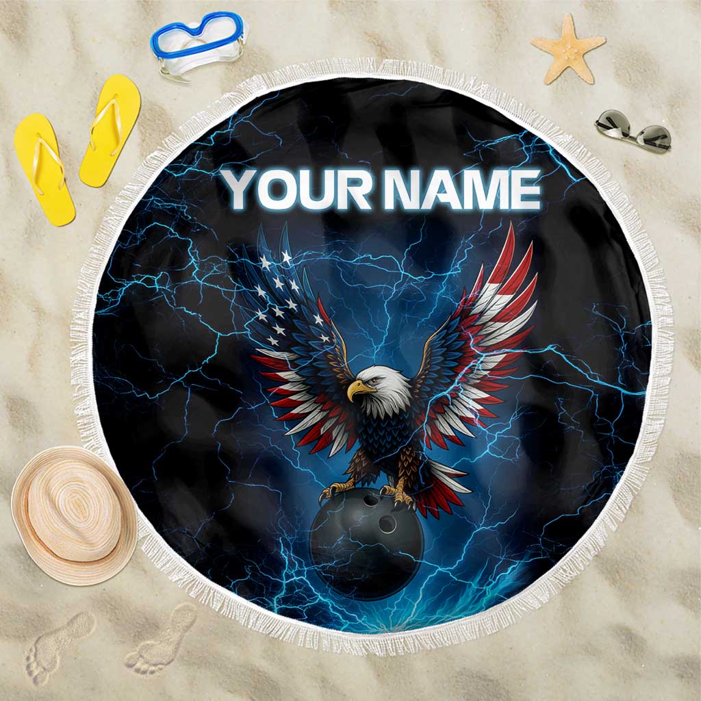 Lightning Bowling Beach Blanket Electric Blue Ball and American Eagle Graphic on Stormy Black Background - Wonder Print Shop