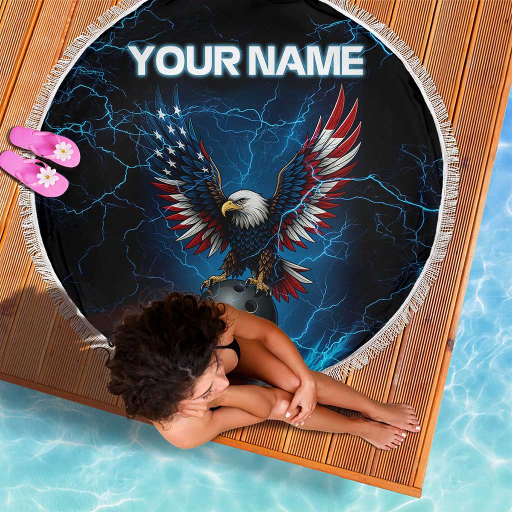 Lightning Bowling Beach Blanket Electric Blue Ball and American Eagle Graphic on Stormy Black Background - Wonder Print Shop