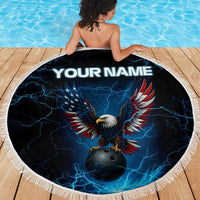 Lightning Bowling Beach Blanket Electric Blue Ball and American Eagle Graphic on Stormy Black Background - Wonder Print Shop