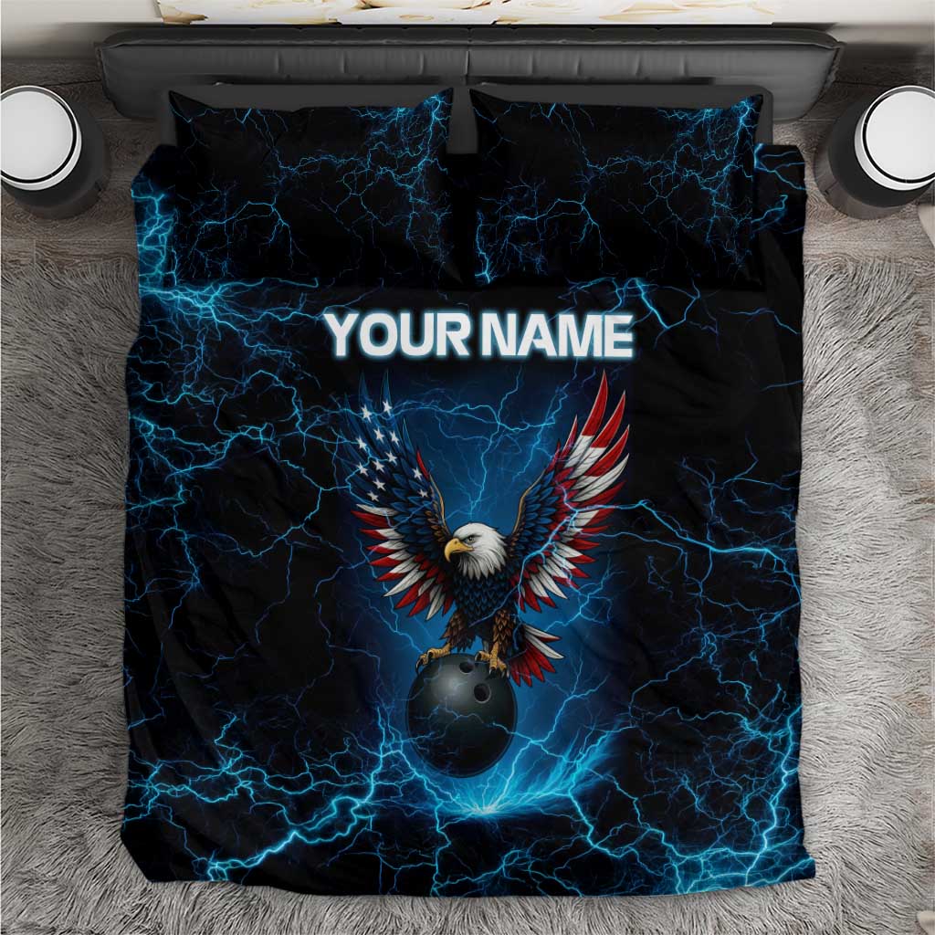 Lightning Bowling Bedding Set Electric Blue Ball and American Eagle Graphic on Stormy Black Background - Wonder Print Shop