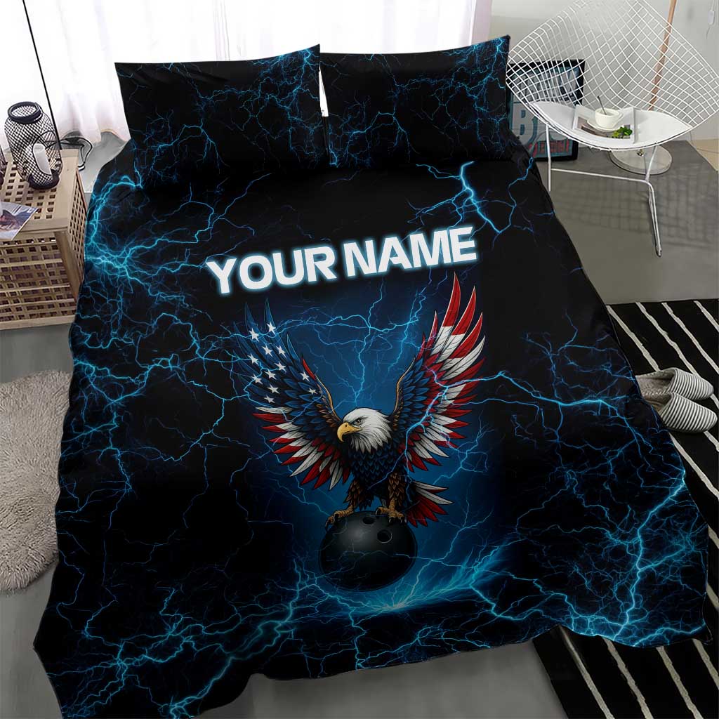 Lightning Bowling Bedding Set Electric Blue Ball and American Eagle Graphic on Stormy Black Background - Wonder Print Shop