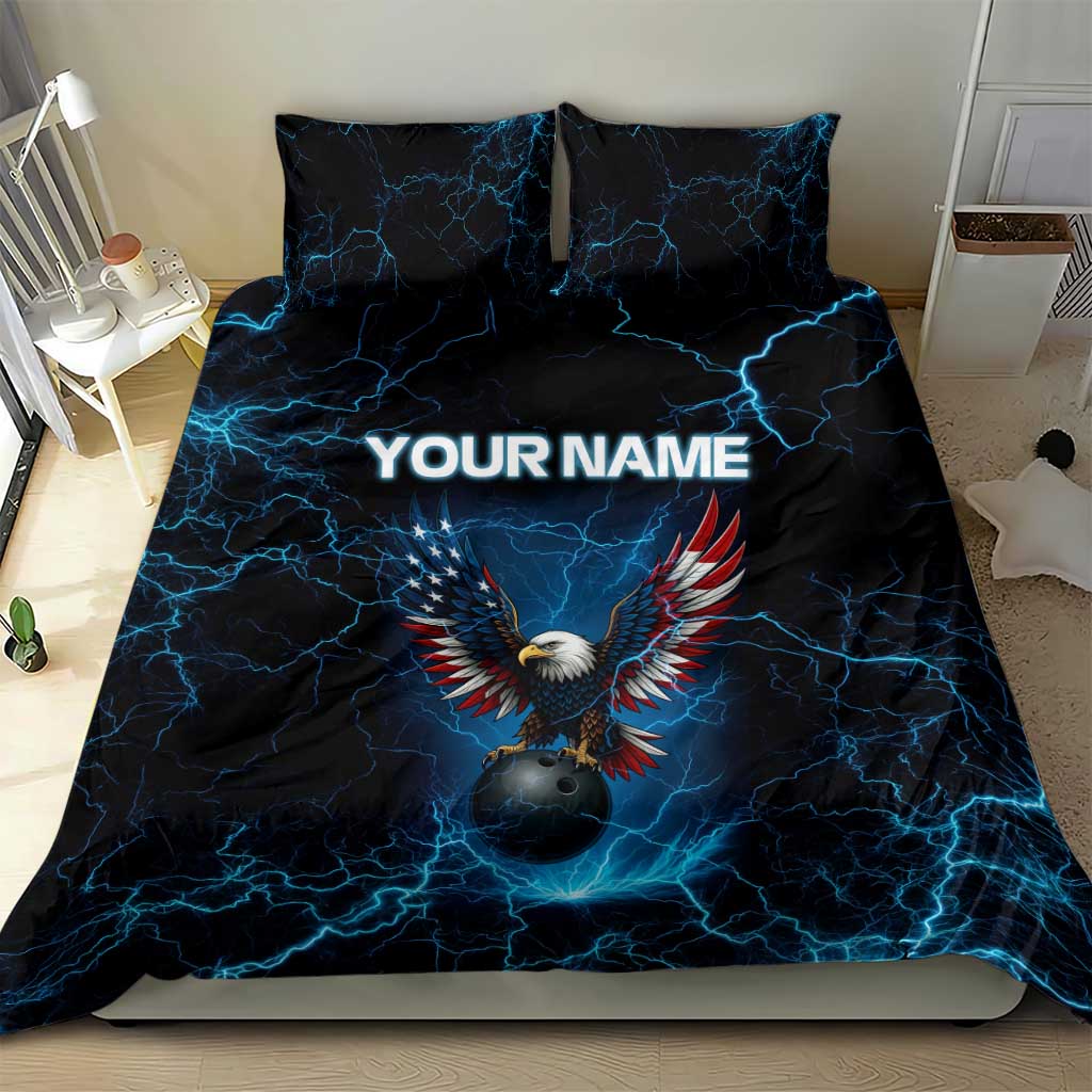 Lightning Bowling Bedding Set Electric Blue Ball and American Eagle Graphic on Stormy Black Background - Wonder Print Shop