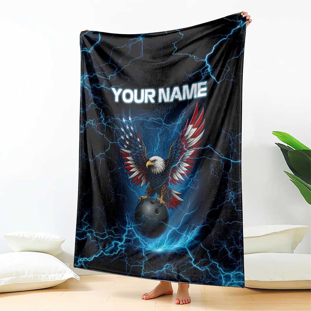 Lightning Bowling Blanket Electric Blue Ball and American Eagle Graphic on Stormy Black Background - Wonder Print Shop